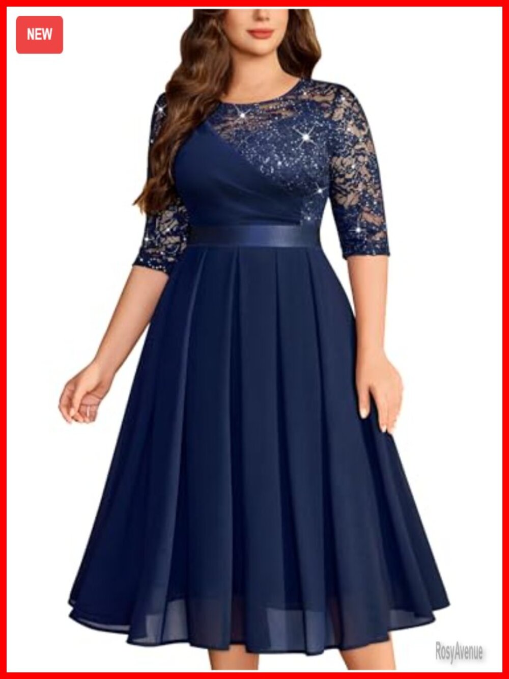 Plus Size Formal Wedding Guest Pleated Midi Dress Lace Half Sleeve